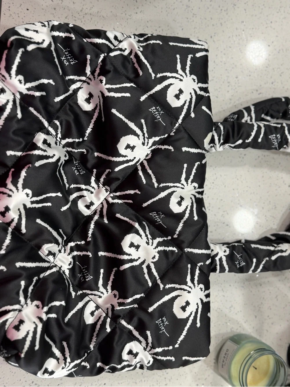 Betsey Johnson Quilted Black Tote Bag with White Spider Print